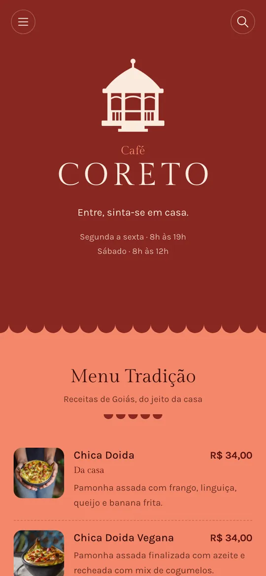 Cardápio digital do Café Coreto feito pela DotMenu