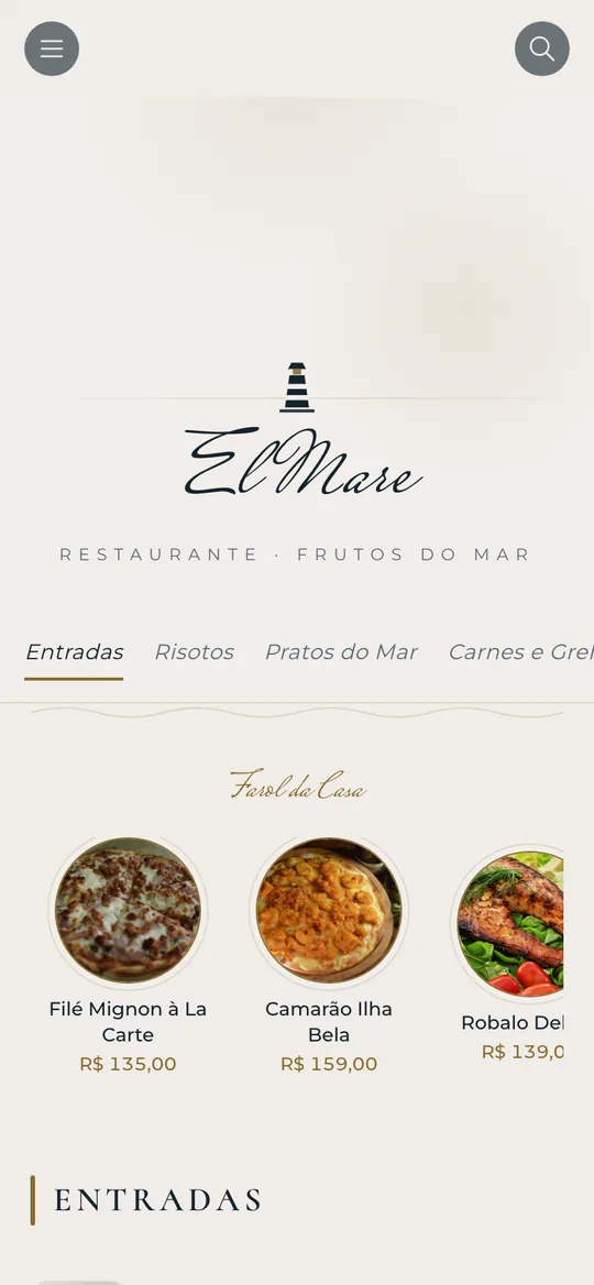 Cardápio digital do El Mare feito pela DotMenu